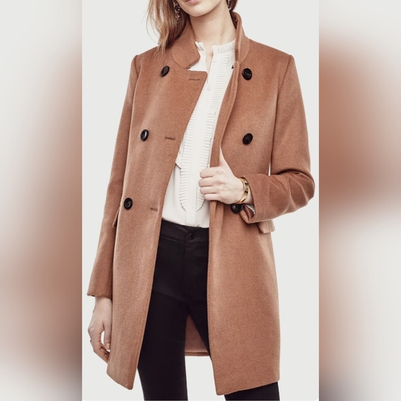 Ann Taylor Tan Wool Double Breasted Coat with Removable Fur Collar - Picture 2 of 9